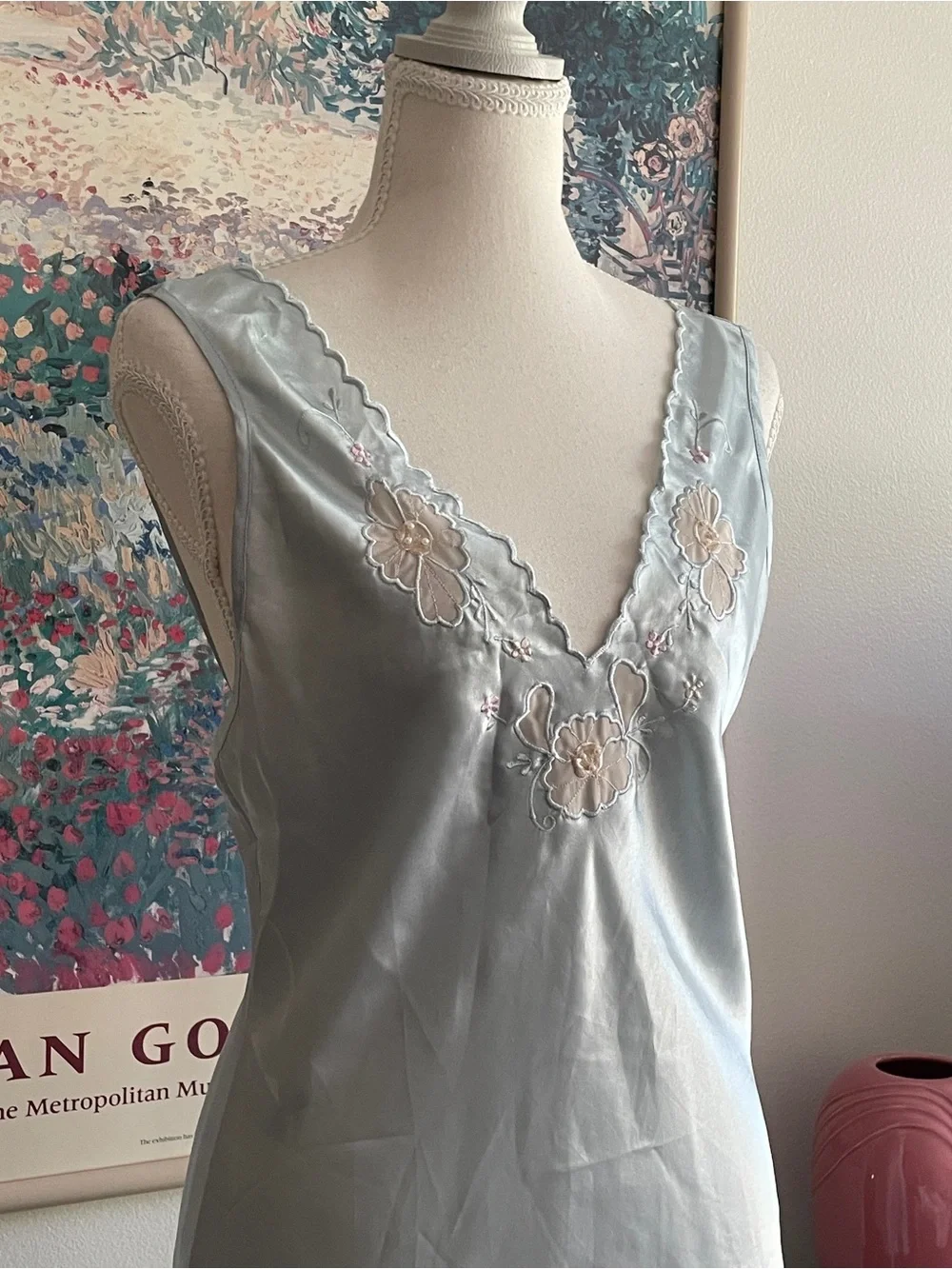 Vintage 90s Baby Blue Satin Lace Floral Slip Dress Size Small Coquette Fairy - Picture 7 of 13